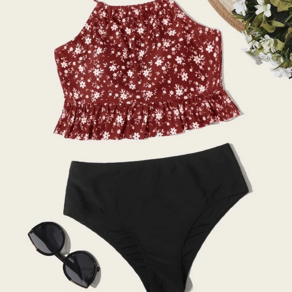 Ditsy Floral Ruffle Hem Halter Bikini Swimsuit